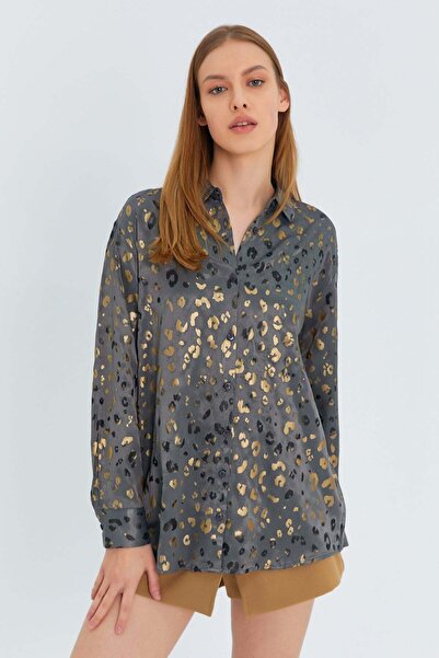 Mixray 4613 Cămașă de damă din satin imprimată cu folie, antracit