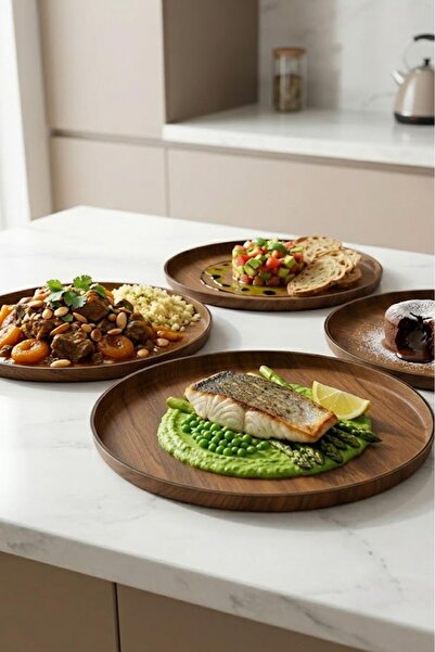 CASTEROLİ 4-Piece Acacia Look Serving Plate 28 cm – Durable Plastic Presentat...