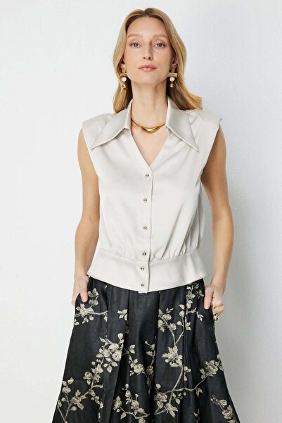 Ekol Polo Yaka Kolsuz Saten Bluz