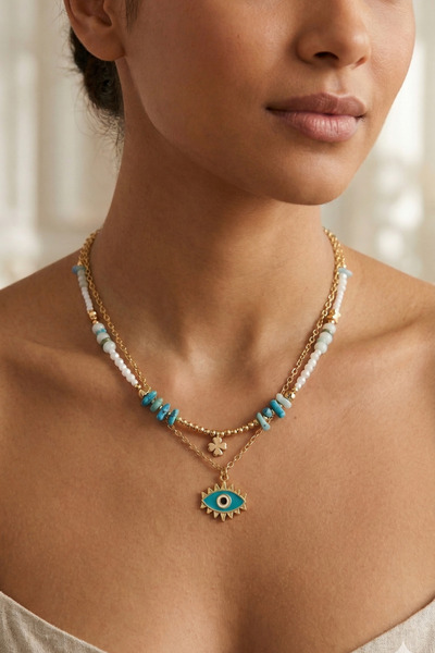 PETEK AKSESUAR Beaded Multi-Chain Coral Eye Clover Necklace