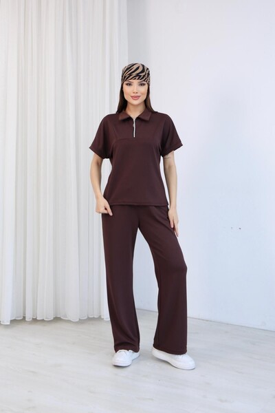 The Robi Women's Brown Polo Collar Zipper Detailed Set