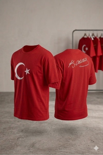 JENOLAN Unisex Moon Star / Ataturk Signed Red Oversize T-Shirt Loose Fit