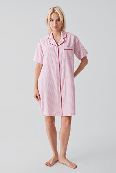Artış Short Sleeve Striped Buttoned Woven 100% Cotton Nightgown 19108