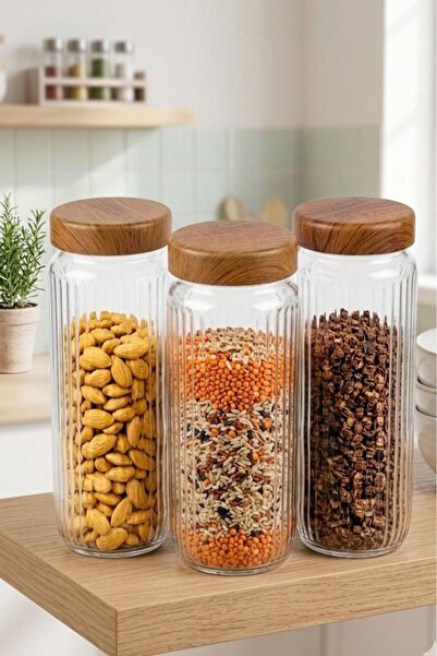 CASTEROLİ 3 Pieces of 1.5 Liter Acacia Lid-Looking Striped Jars 1500 ml
