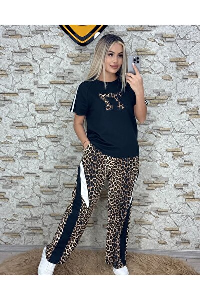 ANATOLIATEKSTILE Compleu damă sport chic set 2 piese tricou + pantaloni leopa...