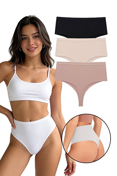 Sensu Chiloți tanga cu talie înaltă pentru femei, pachet de 3, negri