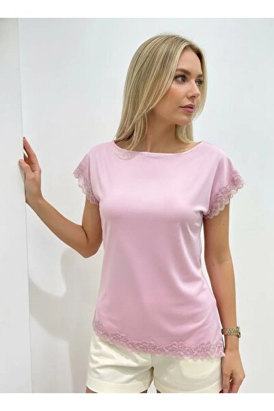 Park Karon Women's Boat Neck Gathered Side Slit Lace Detail Combed Cotton Blo...