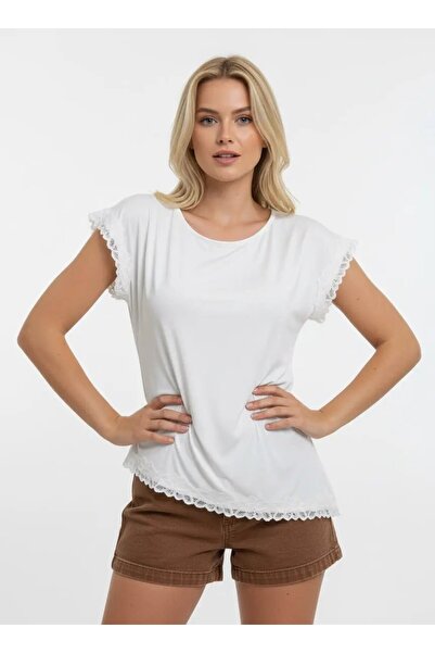 Park Karon Women's Boat Neck Gathered Side Slit Lace Detail Combed Cotton Blo...