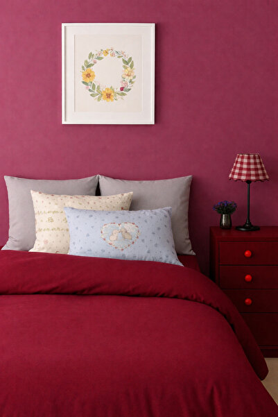 İQON Flat Sheet Duvet Cover Set 100% Cotton Single Size Burgundy-Grey