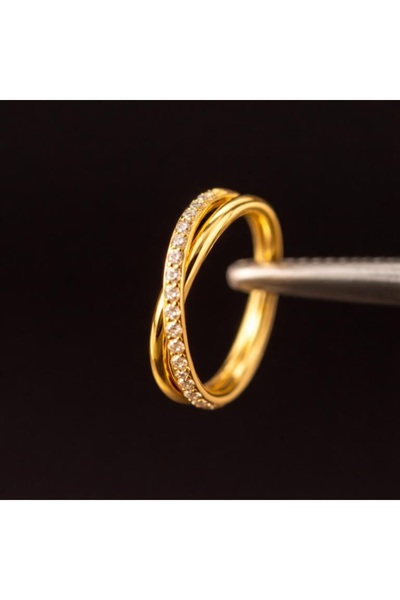 Rupen Kraft %100 Cerrahi Çelik Çift Çapraz Sıra Zirkon 10mm x 1.2mm Altın Kil...