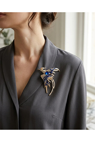 Dorvina Bronz Broş Otantik Takı Lacivert Kristal Taşlı Anka Kuşu Model Vintag...