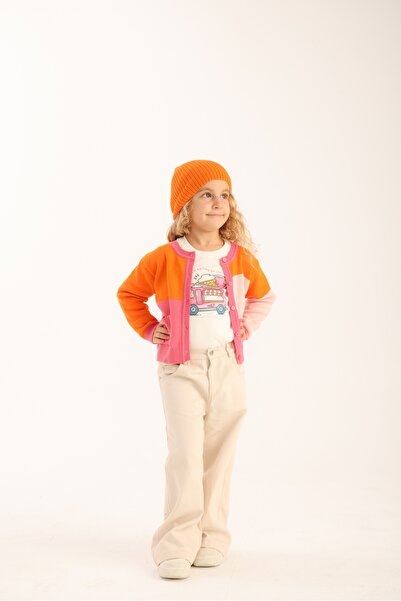 Patique Kids Block Patterned Crew Neck Pink Orange Cardigan T-Shirt Trousers ...