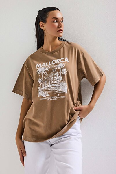 it's basic Γυναικείο καφέ μπλουζάκι s6-16 Oversize Mallorca με στάμπα, 100% β...