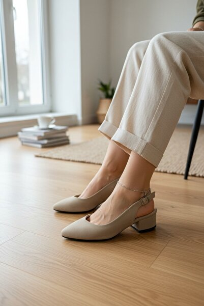 enoch Kadın Sivri Burunlu Süet Görünümlü Alçak Kalın Topuklu Arkası Açık Ayak...