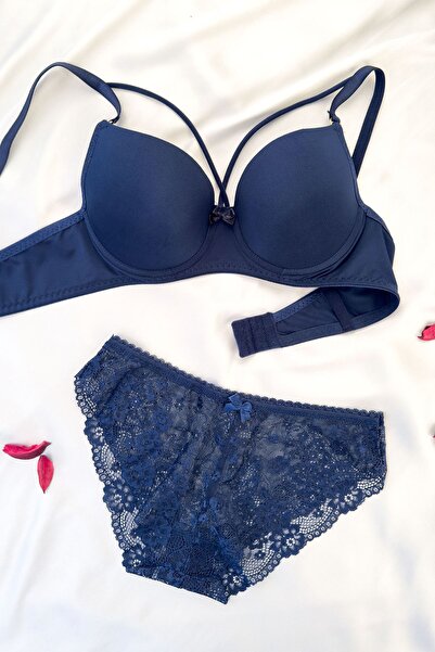 DNR İç Giyim Half Supported Drawstring Bra Set Navy Blue