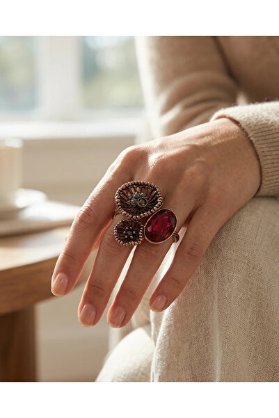 Dorvina Bronze Women's Antique Jewelry Ring Red Crystal Stone Water Lily Mode...