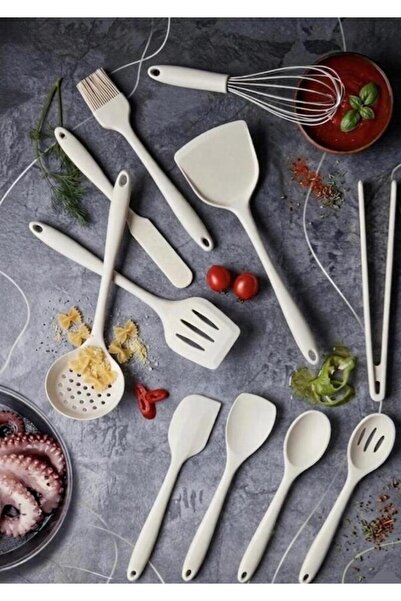 NEOFLAM Silikon Bej 11 Parça Servis Kaşık Sıyırma Spatula Kevgir Maşa Seti