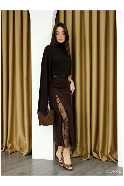 Coral Ripped Lace Long Skirt De261017 Brown