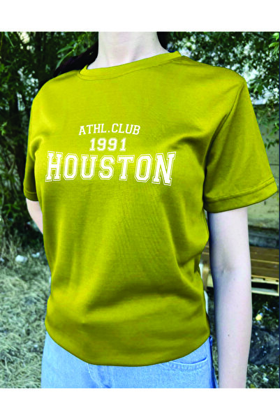 PİXELİA Houston Printed Unisex Oversize Khaki Green Salas T-Shirt Boyfriend