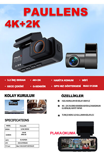 PAULLED 4K Yapay Zekalı Araç Kamerası Ön Arka Plaka Okuma, Hız Göstergesi, Gps Harita, ADAS, 5G Wi-Fi