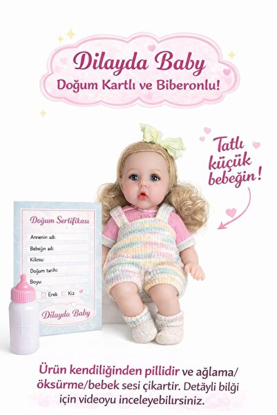 ZİVENTA 30 cm Sesli Oyuncak Et Bebek Biberon/Doğum Kartlı Ağlayan Konuşan Ort...