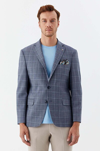 Sabri Özel Men's Blue Mono Collar Blazer Jacket – 4 Drop, Classic Fit