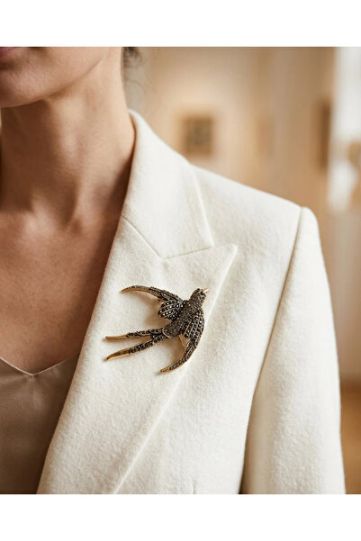 Dorvina Bronz Broş Otantik Takı Margazit Taşlı Kırlangıç Kuşu Model Vintage K...