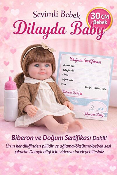 ZİVENTA 30 cm Sesli Oyuncak Et Bebek Biberon/Doğum Kartlı Ağlayan Konuşan Ort...