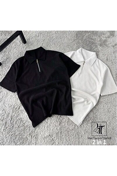 HerTarzınTrendi Corded Ottoman Premium Fabric Half Zipper Polo Collar 2-Piece...