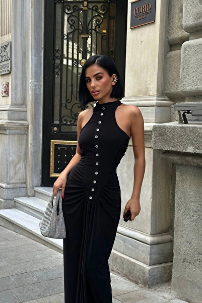 Eka Women's Black Gathered Detail Buttoned Dress 1026-1754