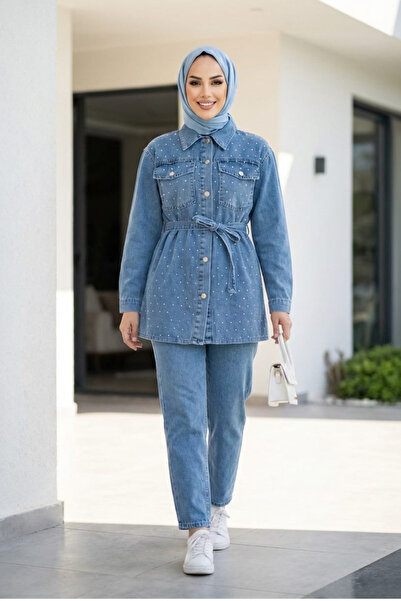 Hb Harma Time Butik Women's Stone Embellished Light Denim Blue Tunic Trousers...