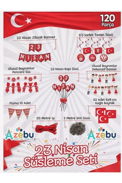 Azebu 23 Nisan Süsleme Seti- 120 Parça Bayrak, Banner, Flama Set, 23 Nisan Kutlama Set