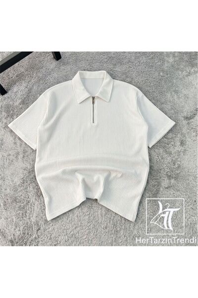 HerTarzınTrendi Corded Ottoman Premium Fabric Half Zipper Basic Polo Collar U...