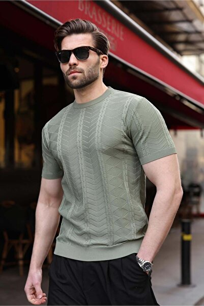 Madmext Tricou pentru bărbați, kaki, cu gât crew, croială slim, din tricotaje...