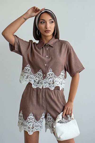 Ded COLLECTION Women's Denim Look Stylish White Lace Embroidered Short Sleeve Shirt Shorts Set