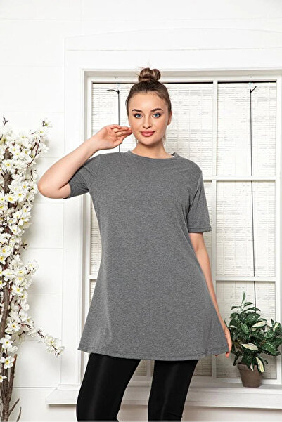 MyBen Жіноча антрацитова туніка-майка з короткими рукавами, бавовняна, з круг...
