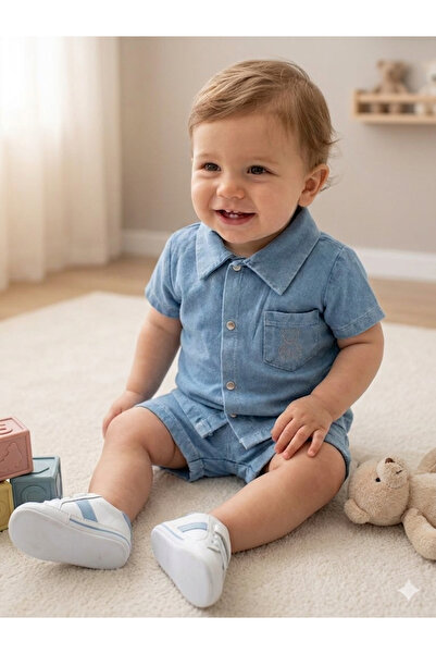 EYMİRGİYİM Erkek Reflektörlü Pamuklu Yumuşak Kot Gömlek Şort Takım Erkek Bebe...
