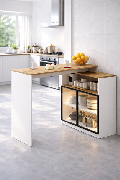 Avmpark Mocca Mutfak Adası Led Işıklı Cam Kapaklı Bar Masası Çok Amaçlı Sepet...