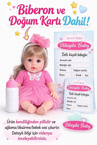 ZİVENTA 30 cm Sesli Oyuncak Et Bebek Biberon/Doğum Kartlı Ağlayan Konuşan Ort...