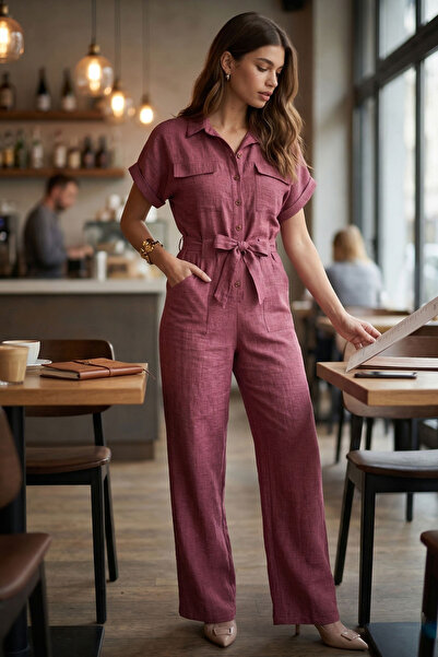 armonika بدلة نسائية من نوع Palazzo بأكمام واسعة وحزام خصر وأزرار أمامية وجيو...