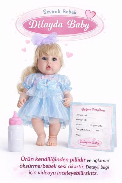 ZİVENTA 30 cm Sesli Oyuncak Et Bebek Biberon/Doğum Kartlı Ağlayan Konuşan Ort...