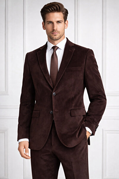 PARLAMENTER Fabio Cassel Erkek Slim Fit Kadife Takım Elbise – Şık, Modern Kes...