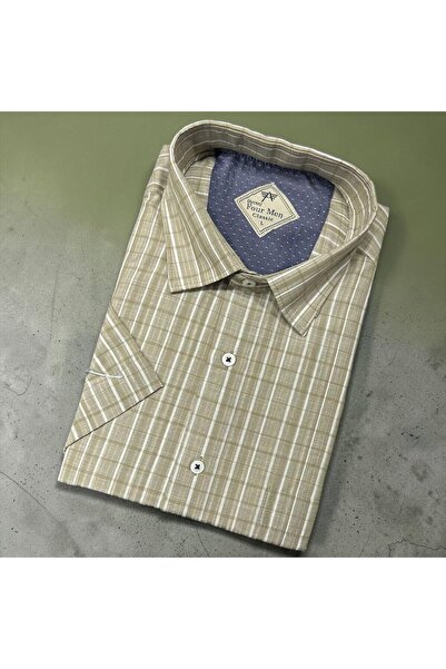 GÖMLEK GALERİSİ Classic Wide Cut Men's Plaid Cotton Short Sleeve Shirt