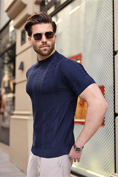 Madmext Tricou pentru bărbați, albastru marin, cu gât crew, croială slim, tri...