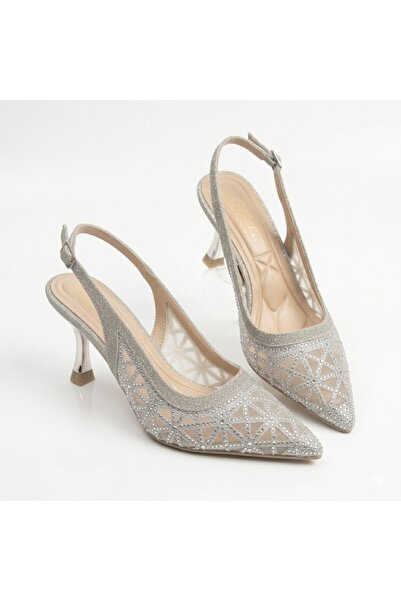 KİNDEP (Öz Maçan) Women's Closed-Toe Heeled Shoes with Drop Stone Detail Silver