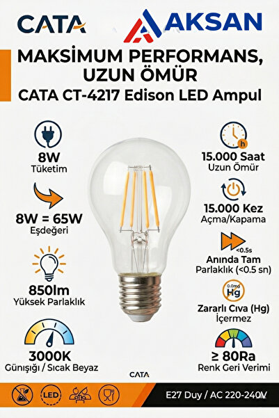 Cata CT-4217 8W E27 LED Filament Ampul – 3000K Günışığı Şeffaf Edison Rustik ...