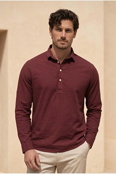 Valiberta قميص رجالي بأكمام طويلة من قماش يورك القطني مع ياقة نصفية - أحمر داكن