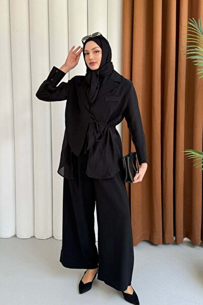 Modaensarbutik Oversize Şifon & Tül Detaylı Ceket Pantolon Tesettür Takım-SİYAH