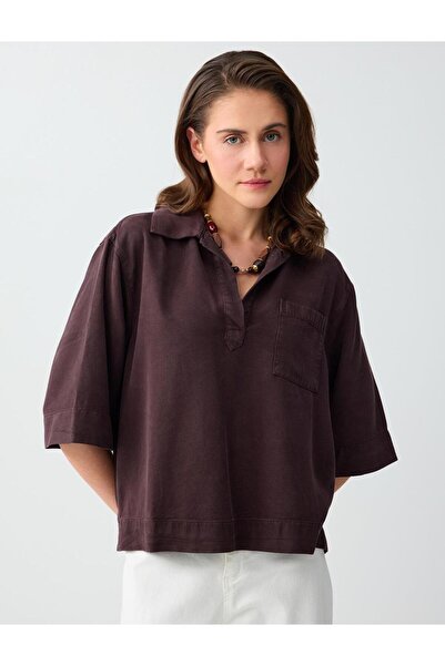 Jimmy Key Καφέ οξείας υφαντή μπλούζα με γιακά πόλο και μανίκια τριών τετάρτων