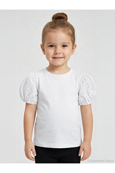 Civil Girls Kız Çocuk Dantel Balon Kol 2-5 Yaş Tişört - Kırık Beyaz